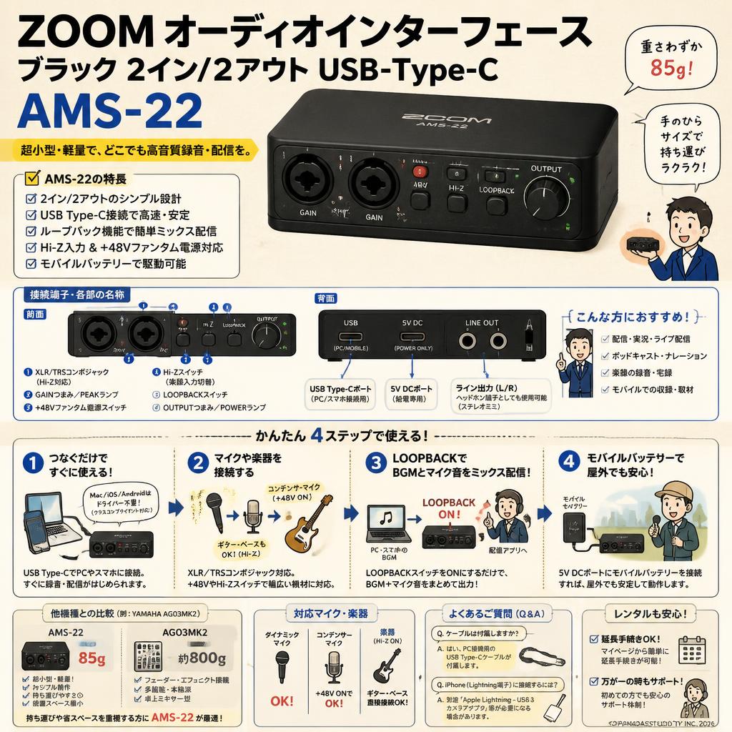 ZOOM オーディオインターフェース ブラック 2イン/2アウトUSB-Type-C  AMS-22 FAQ（よくある質問と答え）