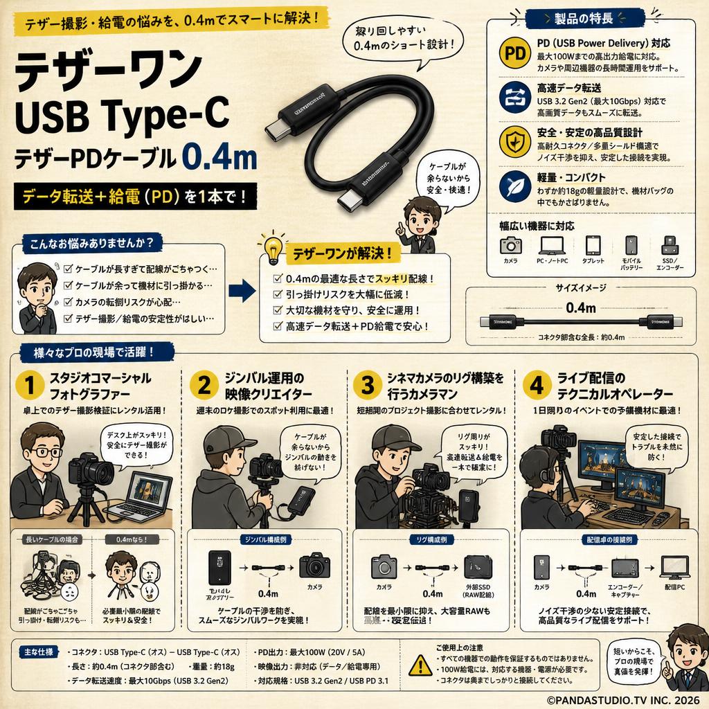 テザーワン USB Type-C テザー PDケーブル 0.4m おもな対象のお客様