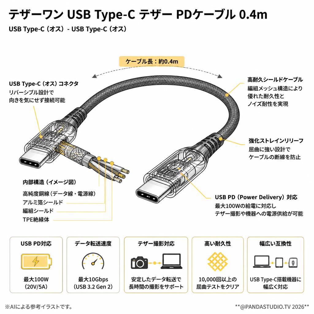 テザーワン USB Type-C テザー PDケーブル 0.4m スペック