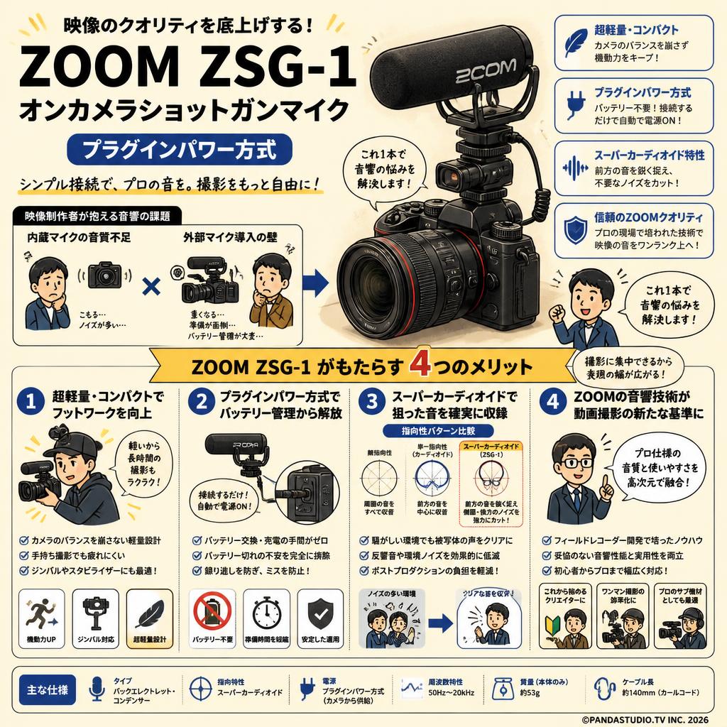 ZOOM ZSG-1 オンカメラショットガンマイク プラグインパワー方式 概要