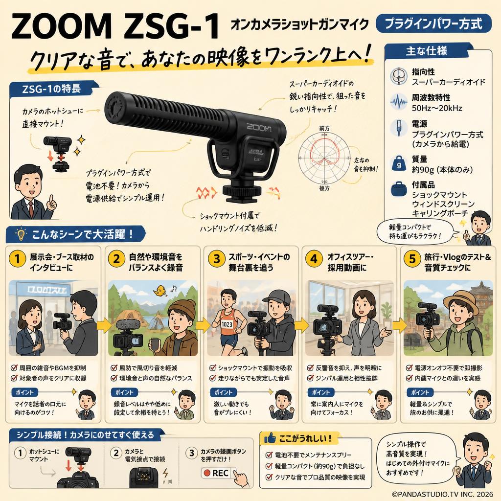 ZOOM ZSG-1 オンカメラショットガンマイク プラグインパワー方式 用途