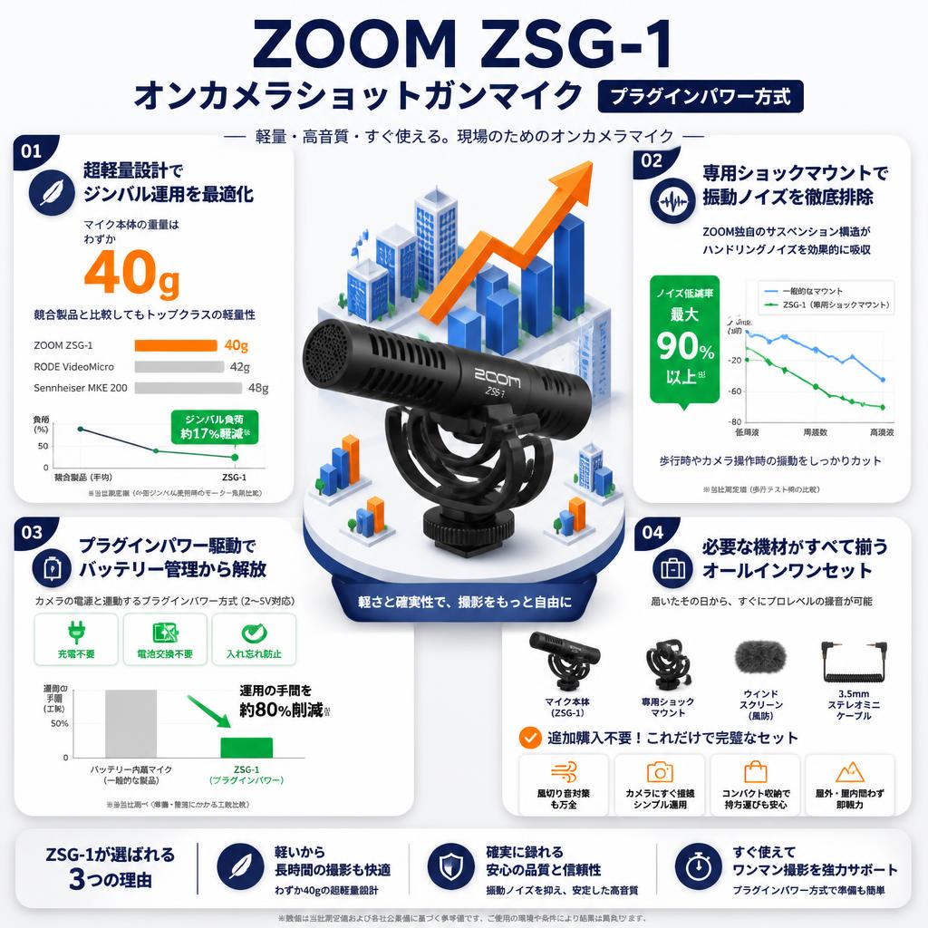 ZOOM ZSG-1 オンカメラショットガンマイク プラグインパワー方式 セールスポイント