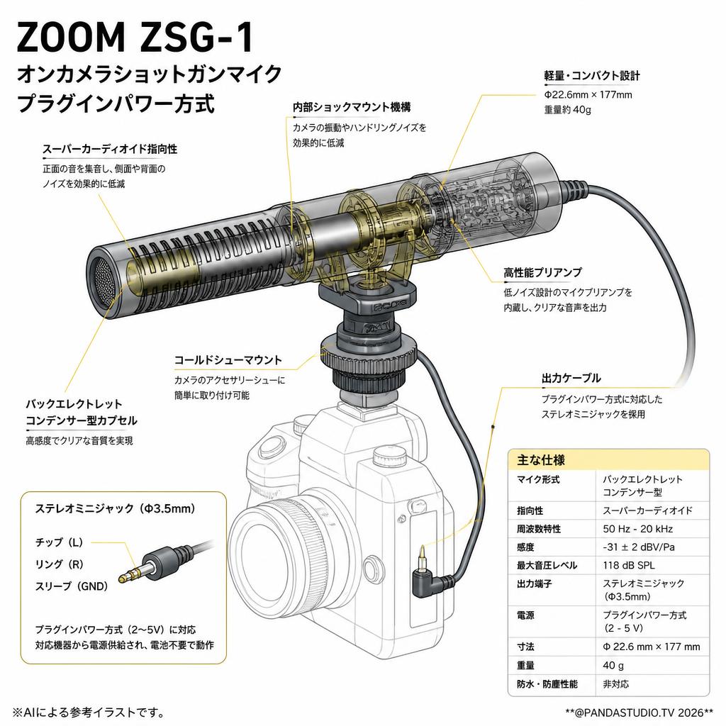 ZOOM ZSG-1 オンカメラショットガンマイク プラグインパワー方式 スペック