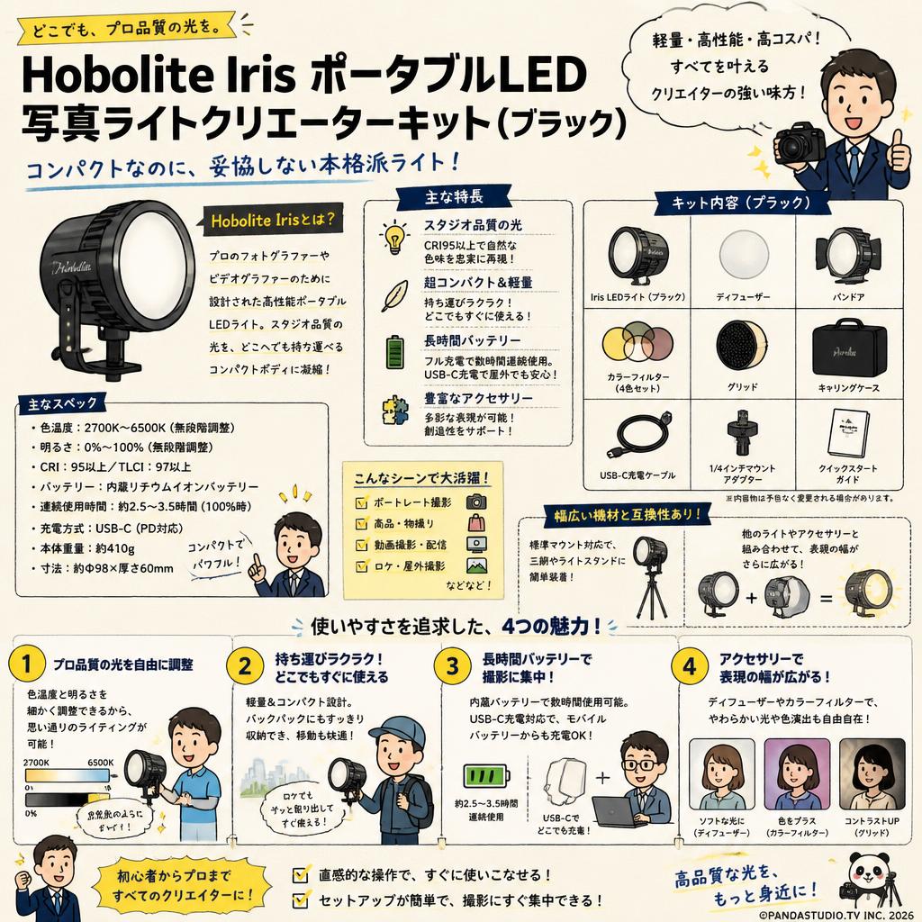 Hobolite Iris ポータブルLED写真ライトクリエーターキット（ブラック） 概要