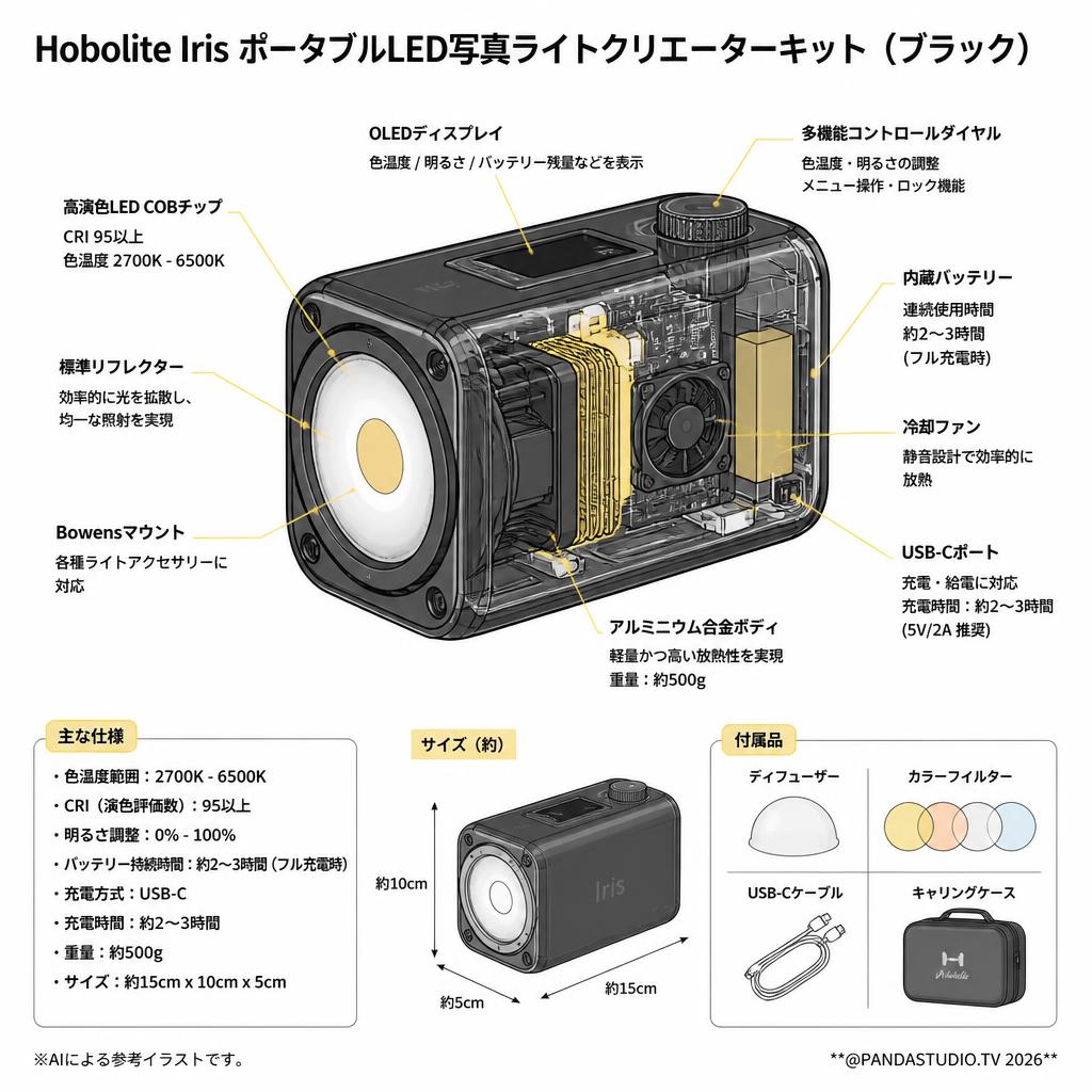 Hobolite Iris ポータブルLED写真ライトクリエーターキット（ブラック） スペック