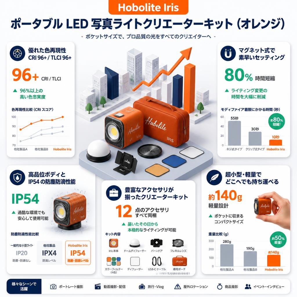 Hobolite Iris ポータブルLED写真ライトクリエーターキット（オレンジ） セールスポイント