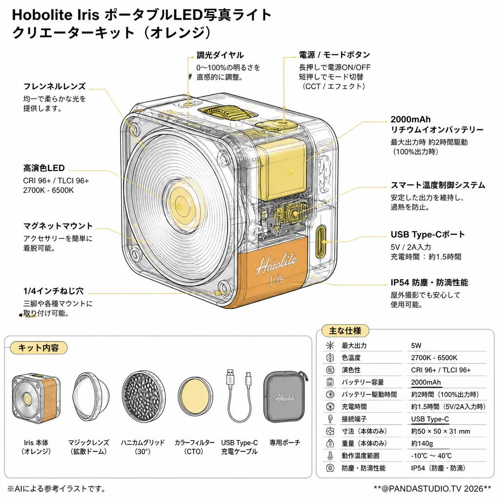 Hobolite Iris ポータブルLED写真ライトクリエーターキット（オレンジ） スペック