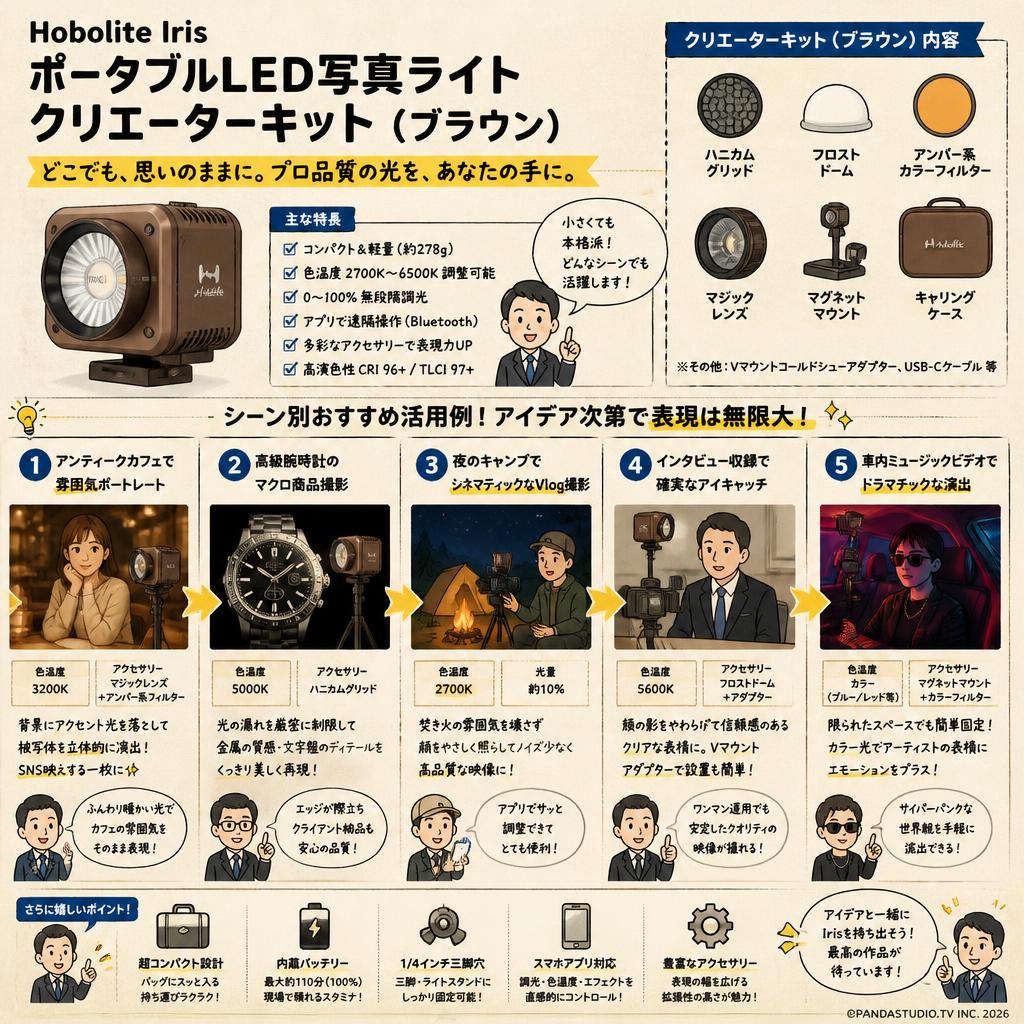 Hobolite Iris ポータブルLED写真ライトクリエーターキット（ブラウン） 用途