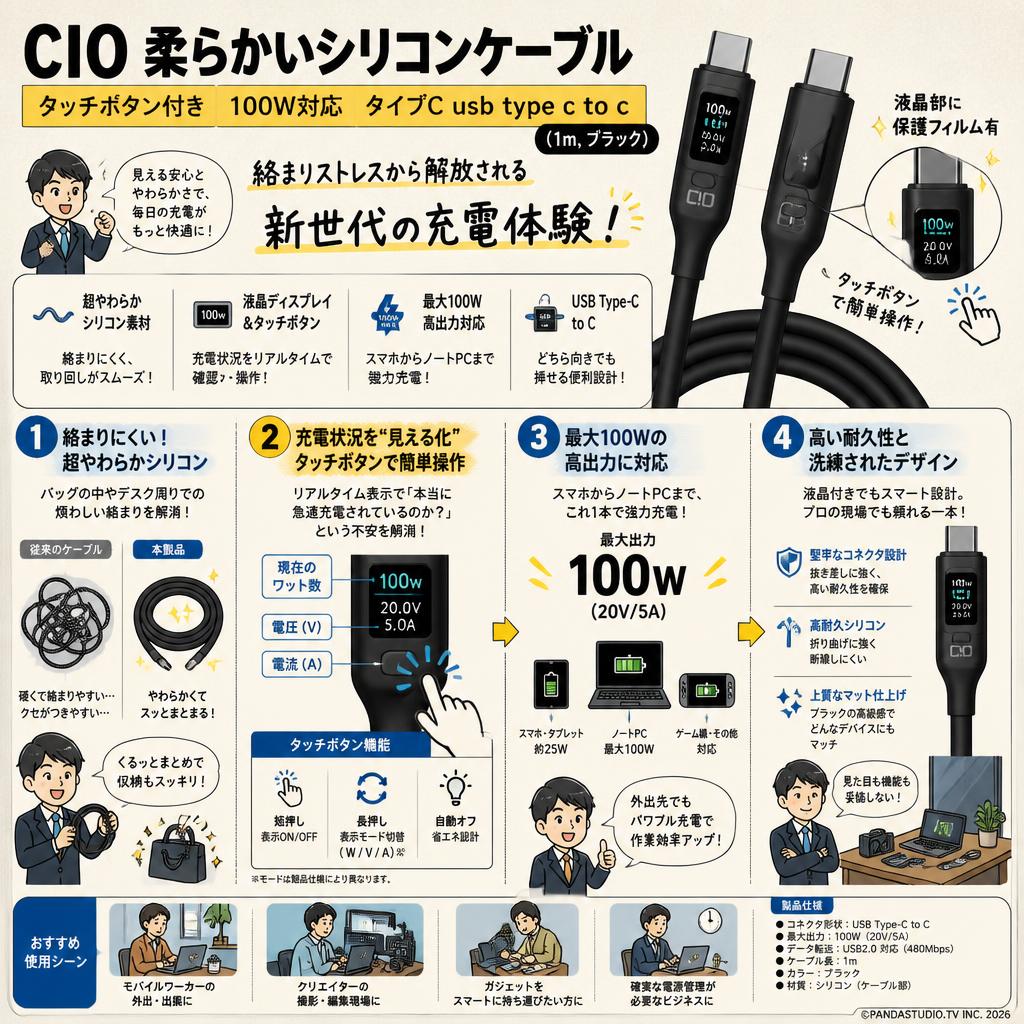 CIO 柔らかいシリコンケーブル タッチボタン付き 100W対応 タイプC usb type c to c 【液晶部に保護フィルム有】 (1m, ブラック) 概要