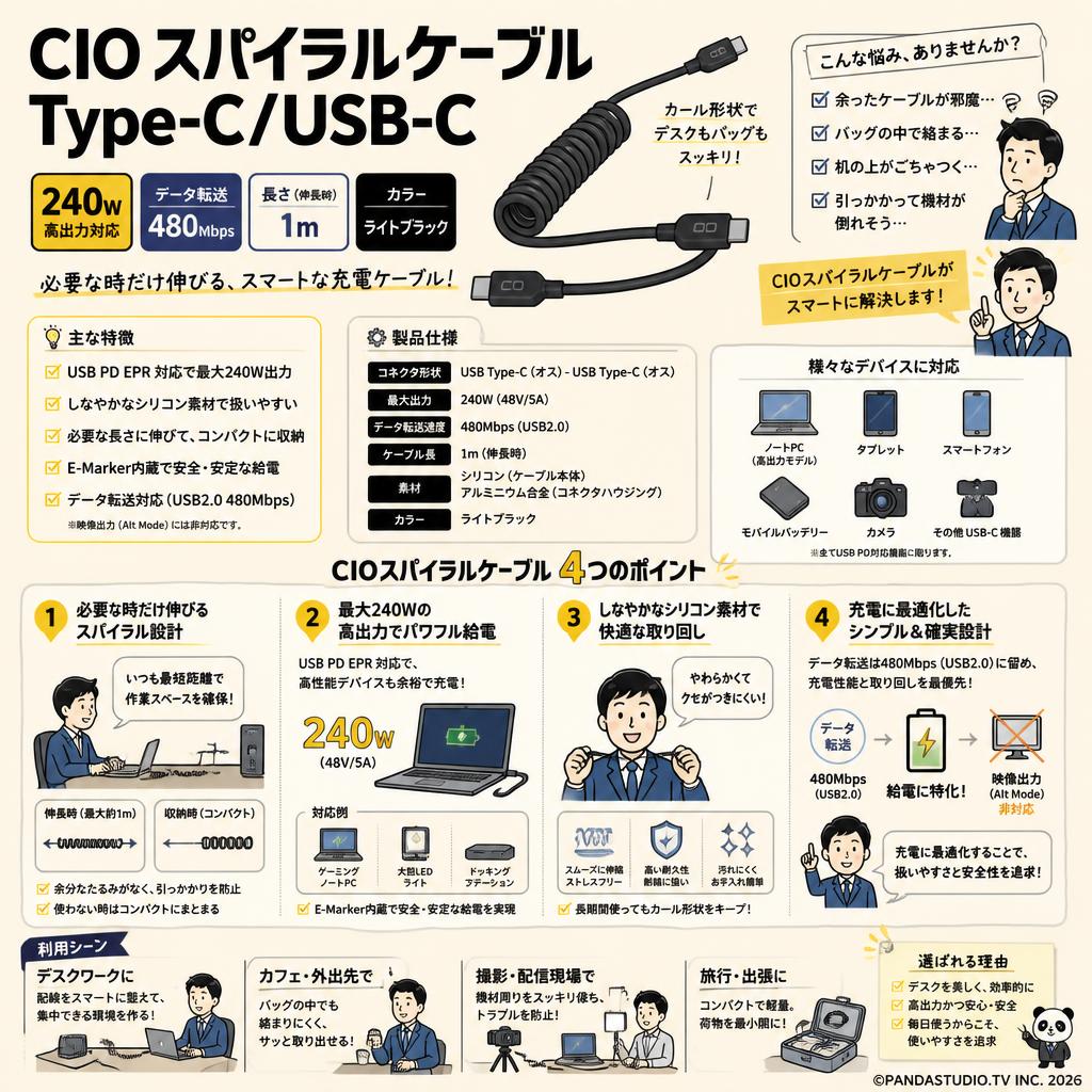 CIO スパイラルケーブル Type-C/USB-C  240W データ転送 480Mbps (1m, ライトブラック) 概要
