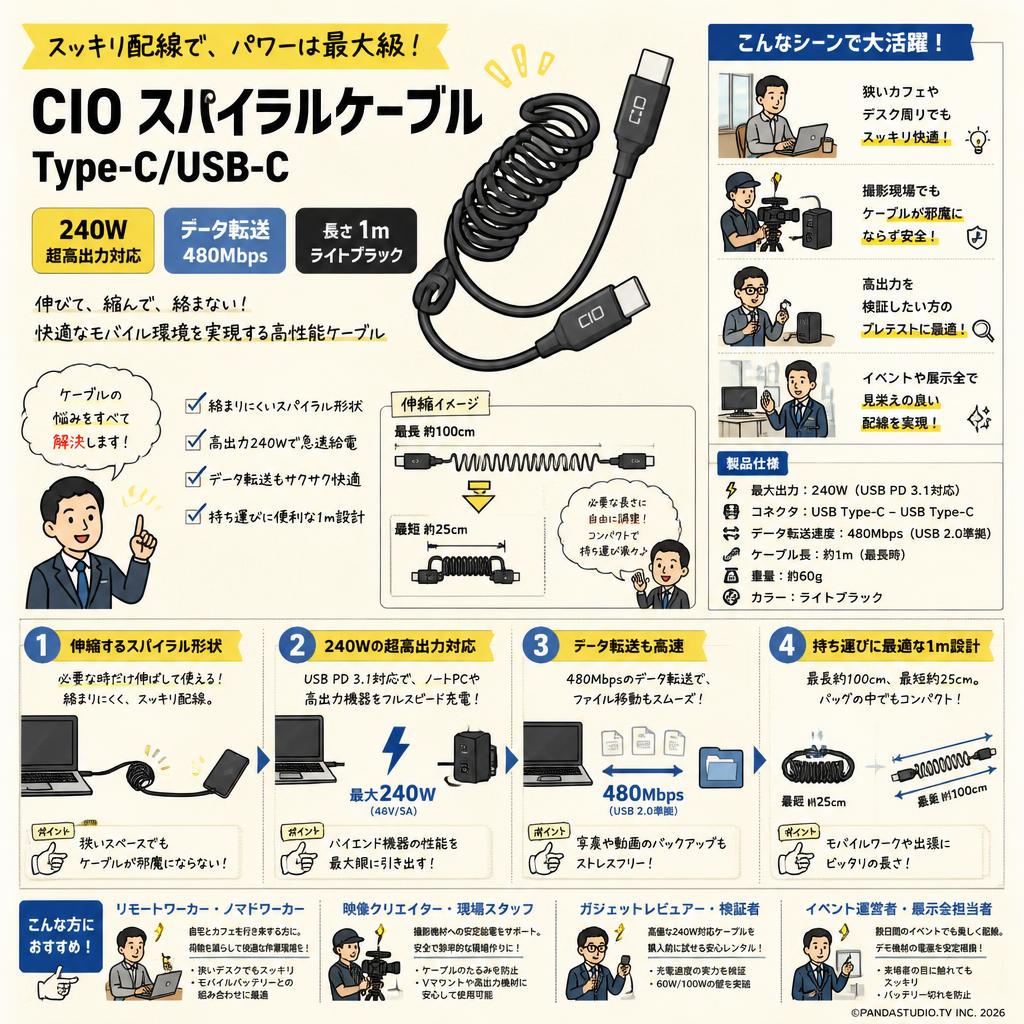CIO スパイラルケーブル Type-C/USB-C  240W データ転送 480Mbps (1m, ライトブラック) おもな対象のお客様