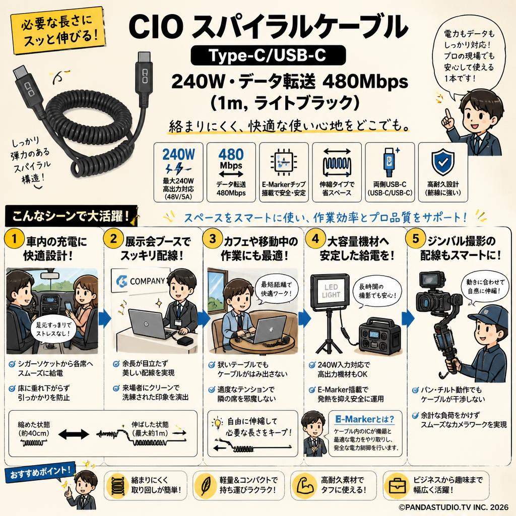 CIO スパイラルケーブル Type-C/USB-C  240W データ転送 480Mbps (1m, ライトブラック) 用途