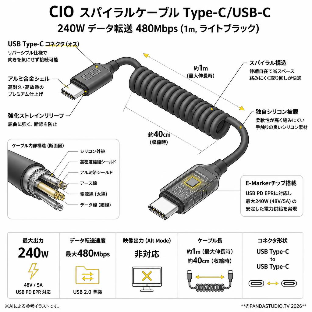 CIO スパイラルケーブル Type-C/USB-C  240W データ転送 480Mbps (1m, ライトブラック) スペック