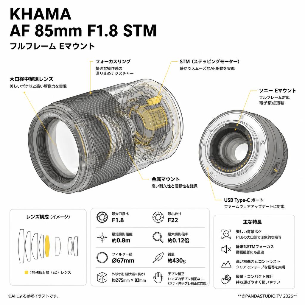 KHAMA AF 85mm F1.8 STM  フルフレーム Eマウント スペック
