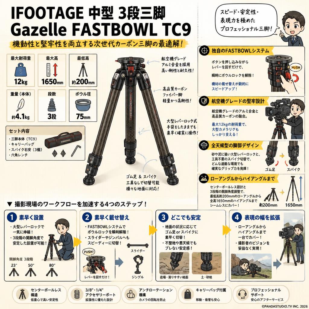 IFOOTAGE 中型 3段三脚 Gazelle FASTBOWL TC9 概要