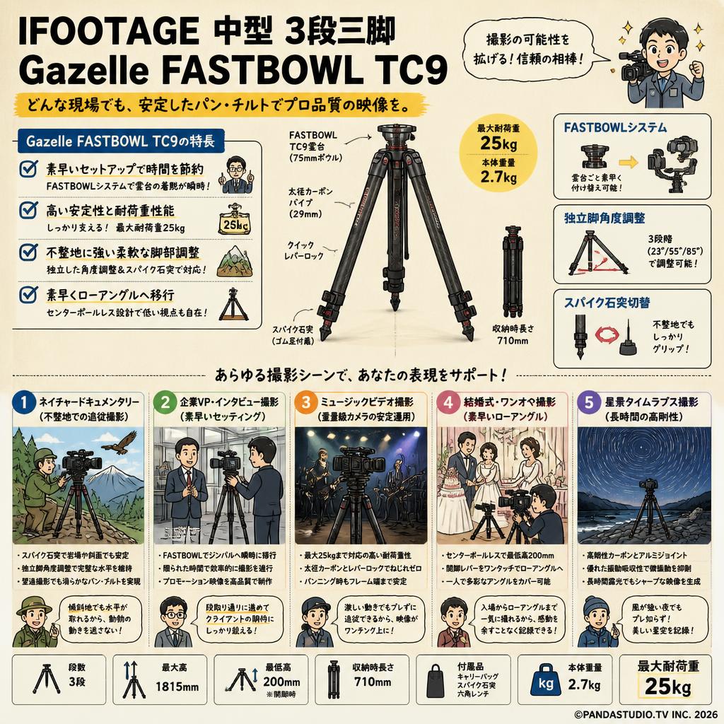 IFOOTAGE 中型 3段三脚 Gazelle FASTBOWL TC9 用途