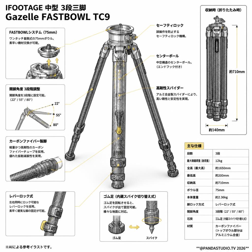 IFOOTAGE 中型 3段三脚 Gazelle FASTBOWL TC9 スペック