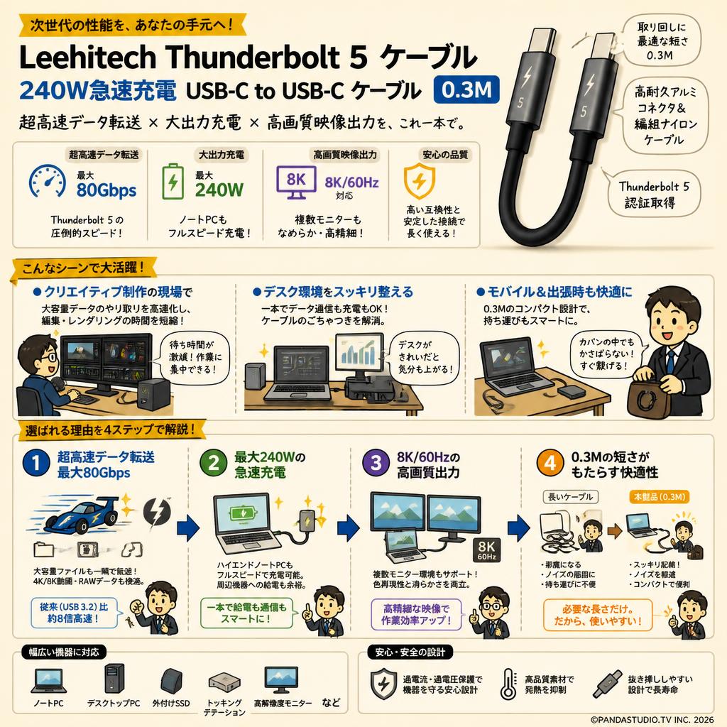 Leehitech Thunderbolt 5 ケーブル 240W急速充電 USB-C to USB-C ケーブル  0.3M 概要