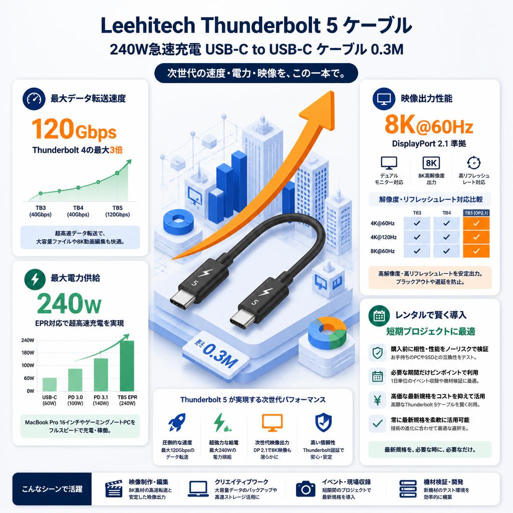 Leehitech Thunderbolt 5 ケーブル 240W急速充電 USB-C to USB-C ケーブル  0.3M セールスポイント