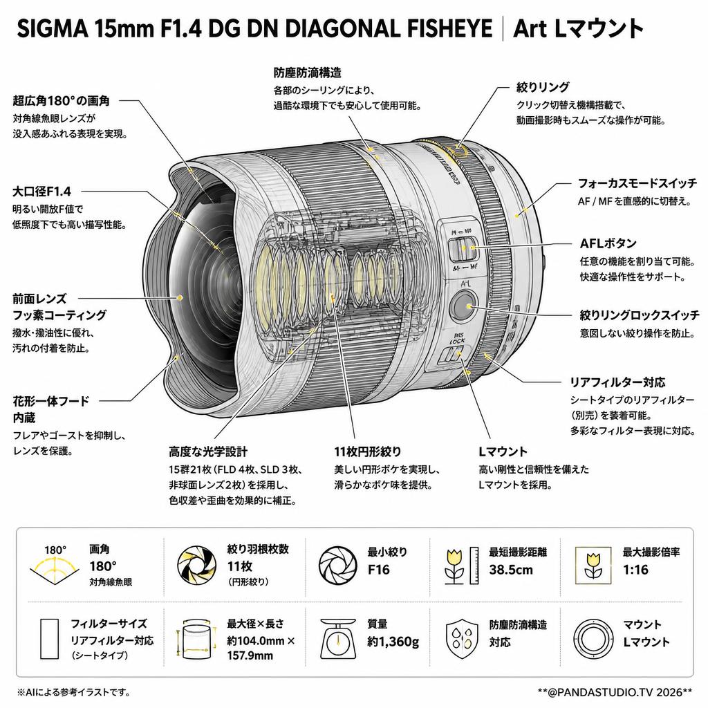 SIGMA 15mm F1.4 DG DN DIAGONAL FISHEYE Art Lマウント スペック