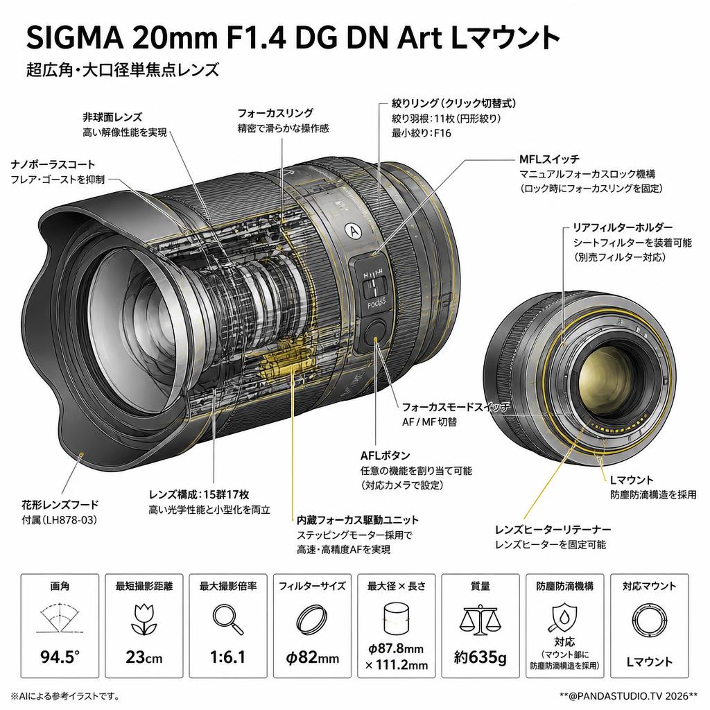 SIGMA 20mm F1.4 DG DN Art Lマウント スペック