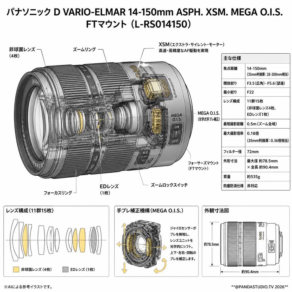 Panasonic D VARIO-ELMAR 14-150mm ASPH. XSM. MEGA O.I.S. FTマウント  ( L-RS014150 ) スペック