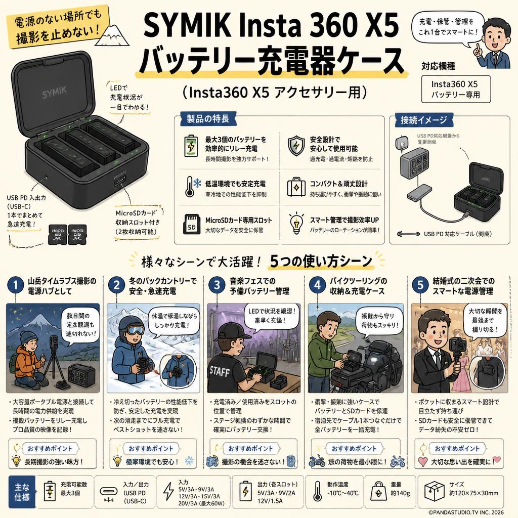 SYMIK Insta 360 X5 バッテリー充電器ケース  (Insta360 X5 アクセサリー用) 用途
