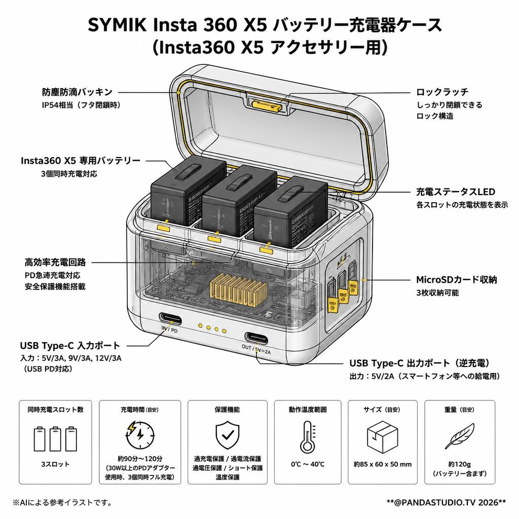 SYMIK Insta 360 X5 バッテリー充電器ケース  (Insta360 X5 アクセサリー用) スペック