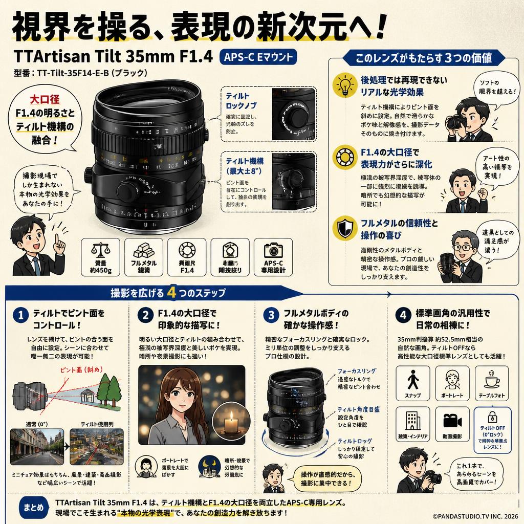 TTArtisan Tilt 35mm F1.4 APS-C  Eマウント TT-Tilt-35F14-E-B   (ブラック) 概要