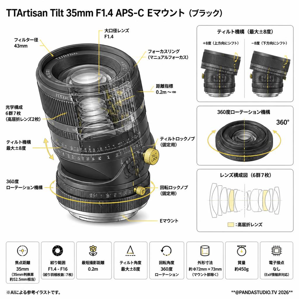 TTArtisan Tilt 35mm F1.4 APS-C  Eマウント TT-Tilt-35F14-E-B   (ブラック) スペック