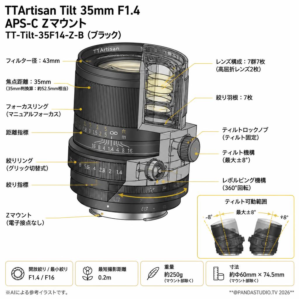 TTArtisan Tilt 35mm F1.4 APS-C  Zマウント TT-Tilt-35F14-Z-B  (ブラック) スペック