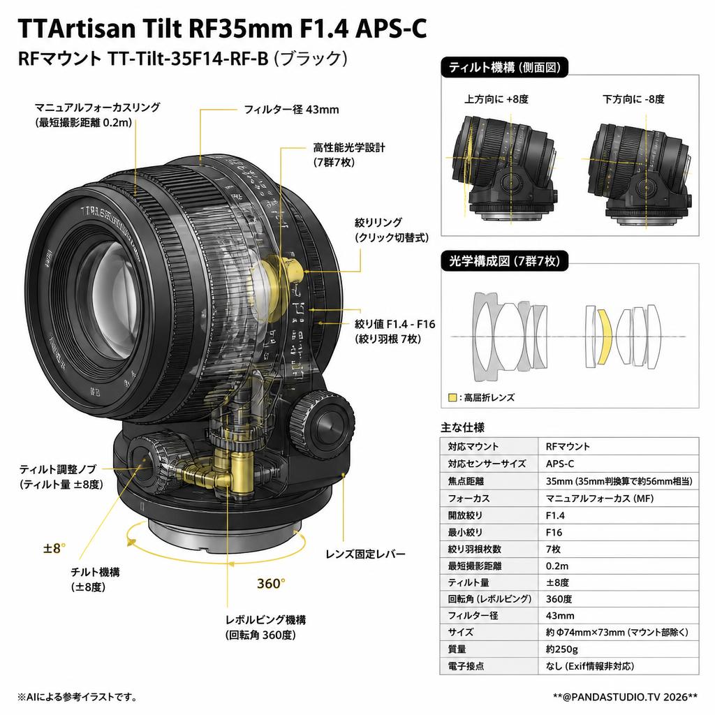 TTArtisan Tilt RF35mm F1.4 APS-C  RFマウント TT-Tilt-35F14-RF-B (ブラック) スペック