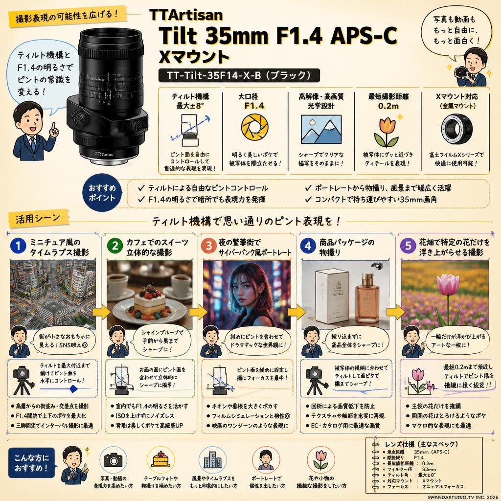 TTArtisan Tilt 35mm F1.4 APS-C  Xマウント TT-Tilt-35F14-X-B  (ブラック) 用途