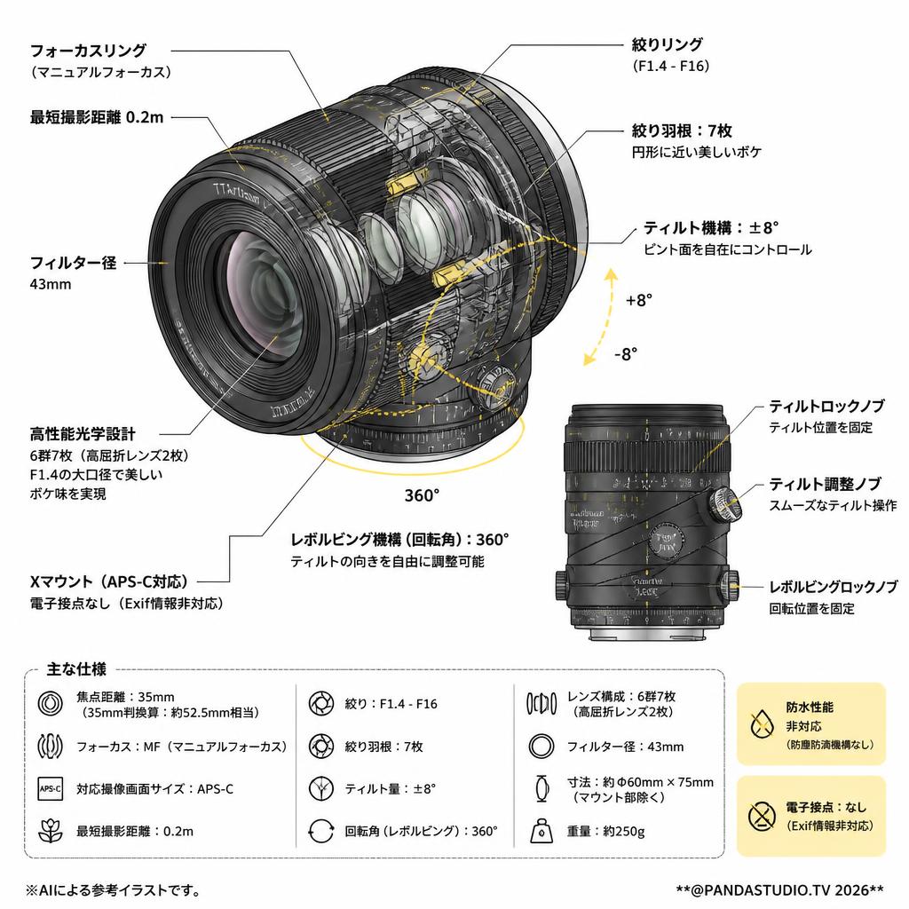 TTArtisan Tilt 35mm F1.4 APS-C  Xマウント TT-Tilt-35F14-X-B  (ブラック) スペック