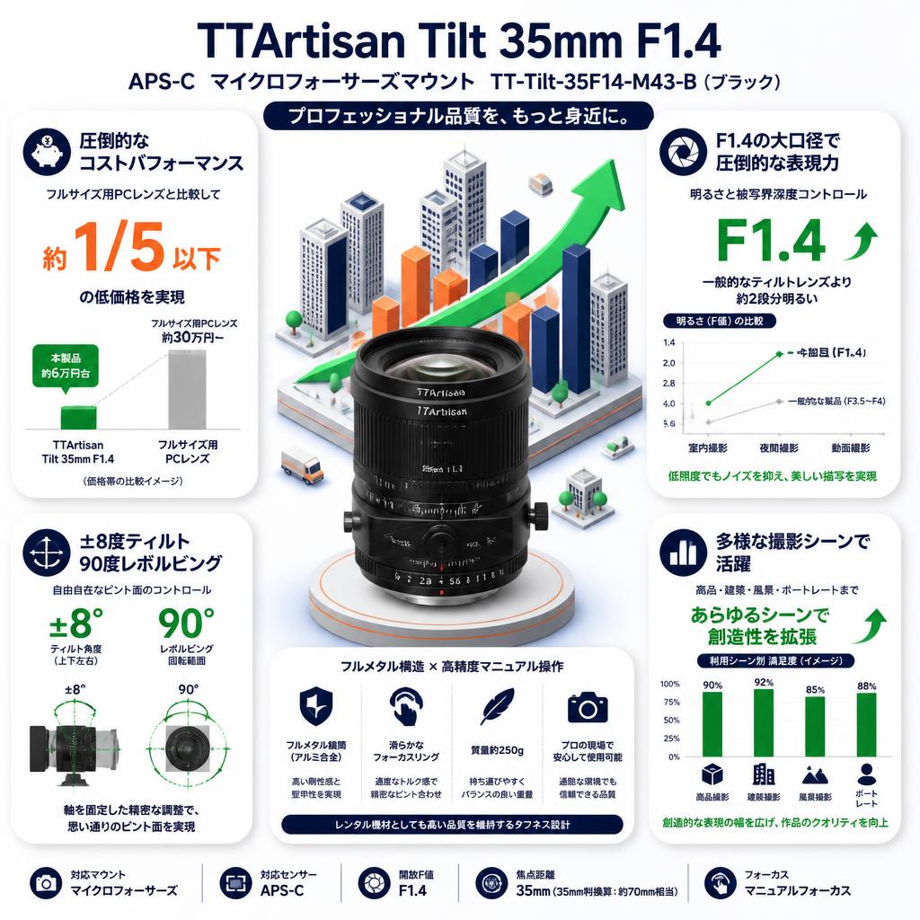 TTArtisan Tilt 35mm F1.4 APS-C  マイクロフォーサーズマウント  TT-Tilt-35F14-M43-B  (ブラック) セールスポイント