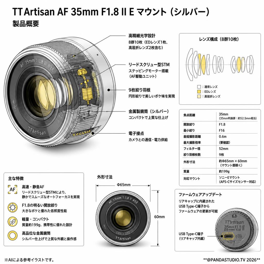 TTArtisan AF 35mm F1.8 II E マウント  TT-35F18AF2-E-S  ( シルバー ) スペック
