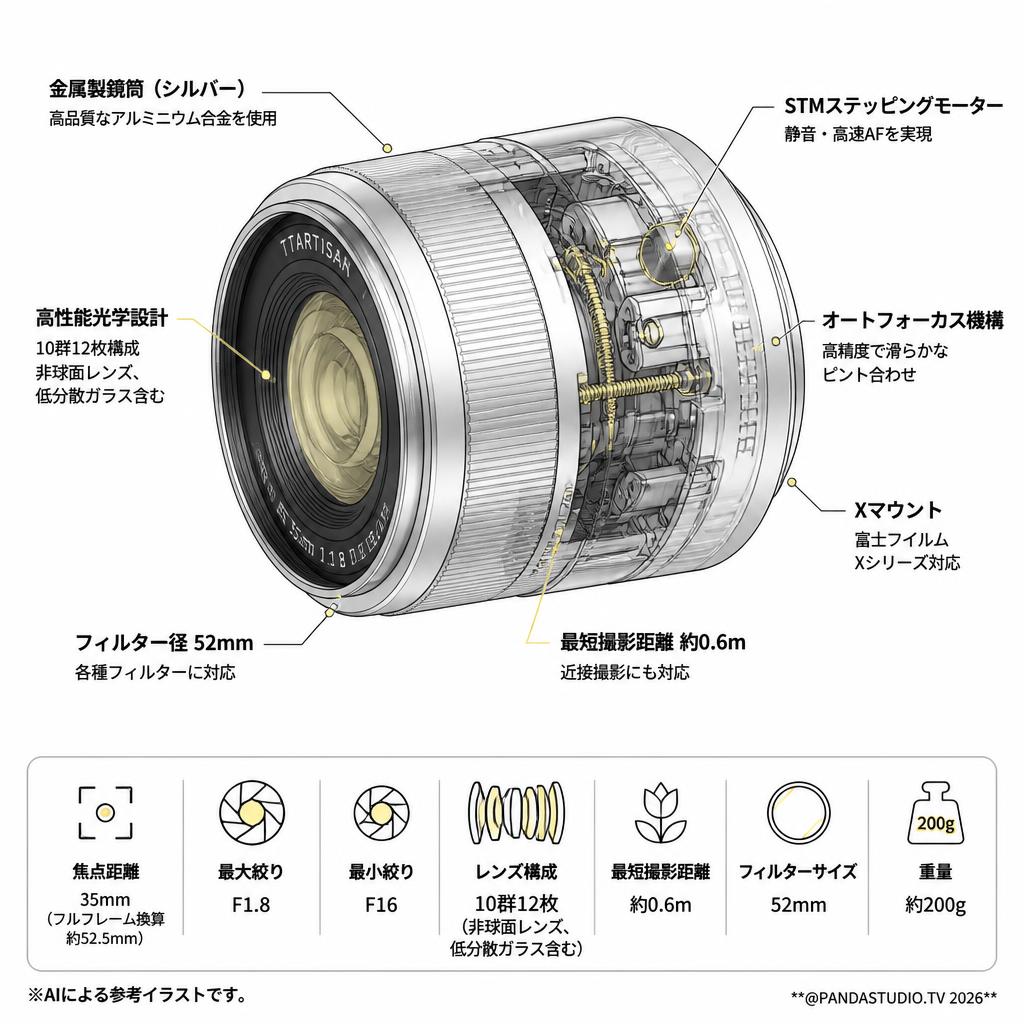TTArtisan  AF 35mm F1.8 II Xマウント  TT-35F18AF2-X-S  ( シルバー ) スペック