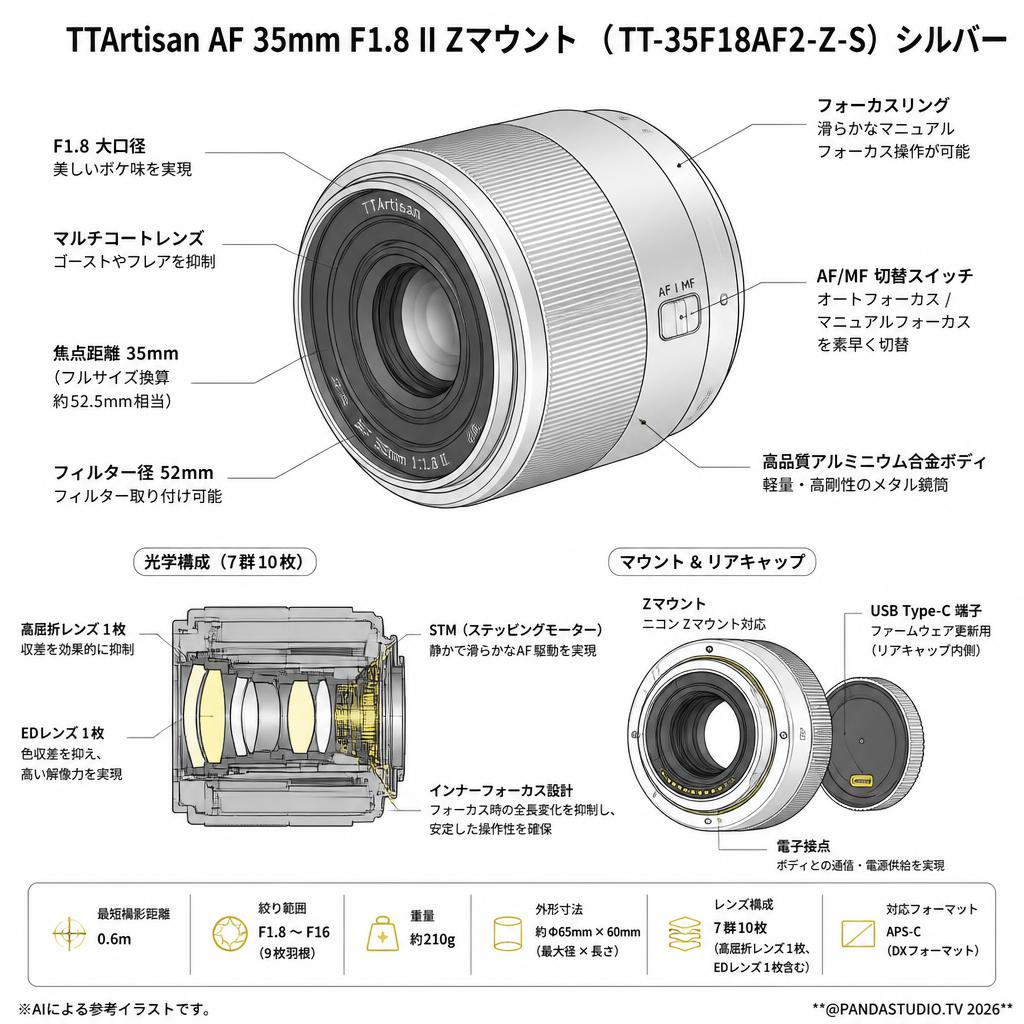 TTArtisan AF 35mm F1.8 II Zマウント（ TT-35F18AF2-Z-S）シルバー スペック