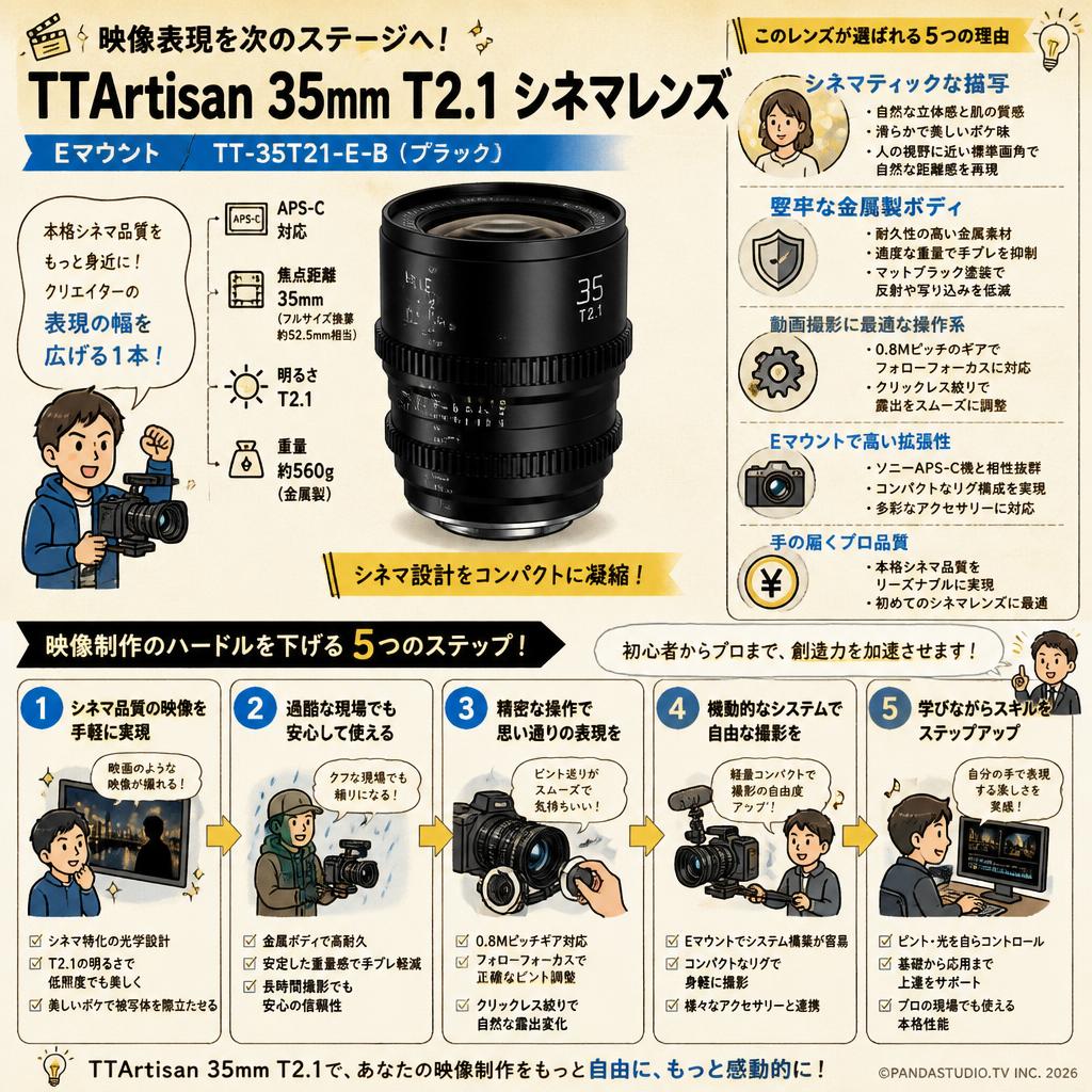 TTArtisan 35mm T2.1 シネマレンズ  Eマウント TT-35T21-E-B   (ブラック) 概要
