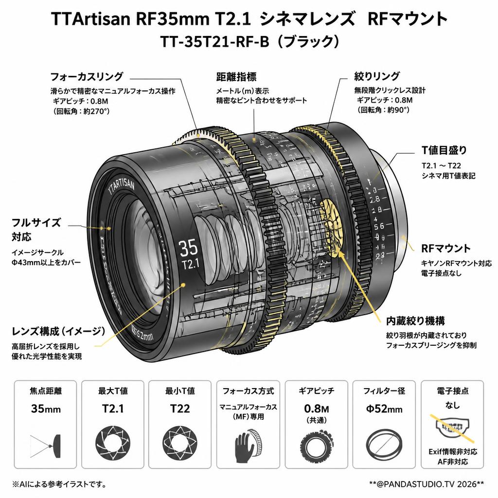 TTArtisan RF35mm T2.1 シネマレンズ  RFマウント   TT-35T21-RF-B  (ブラック) スペック