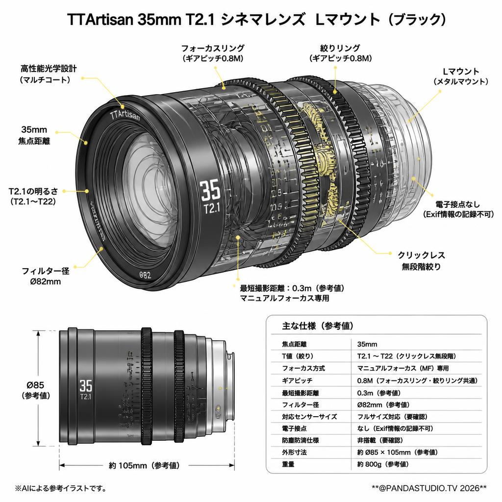TTArtisan 35mm T2.1 シネマレンズ  Lマウント (TT-35T21-L-B)  (ブラック) スペック