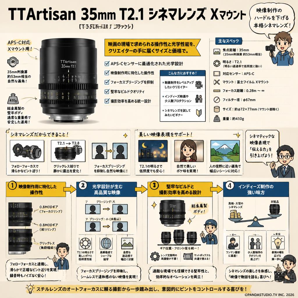 TTArtisan 35mm T2.1 シネマレンズ  Xマウント (TT-35T21-L-B)  (ブラック) 概要