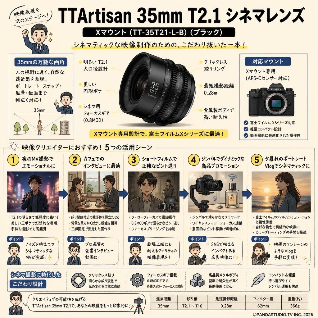 TTArtisan 35mm T2.1 シネマレンズ  Xマウント (TT-35T21-L-B)  (ブラック) 用途