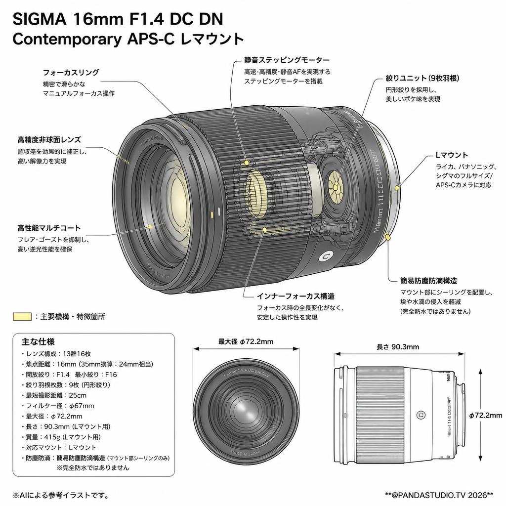 SIGMA 16mm F1.4 DC DN Contemporay APS-C Lマウント スペック