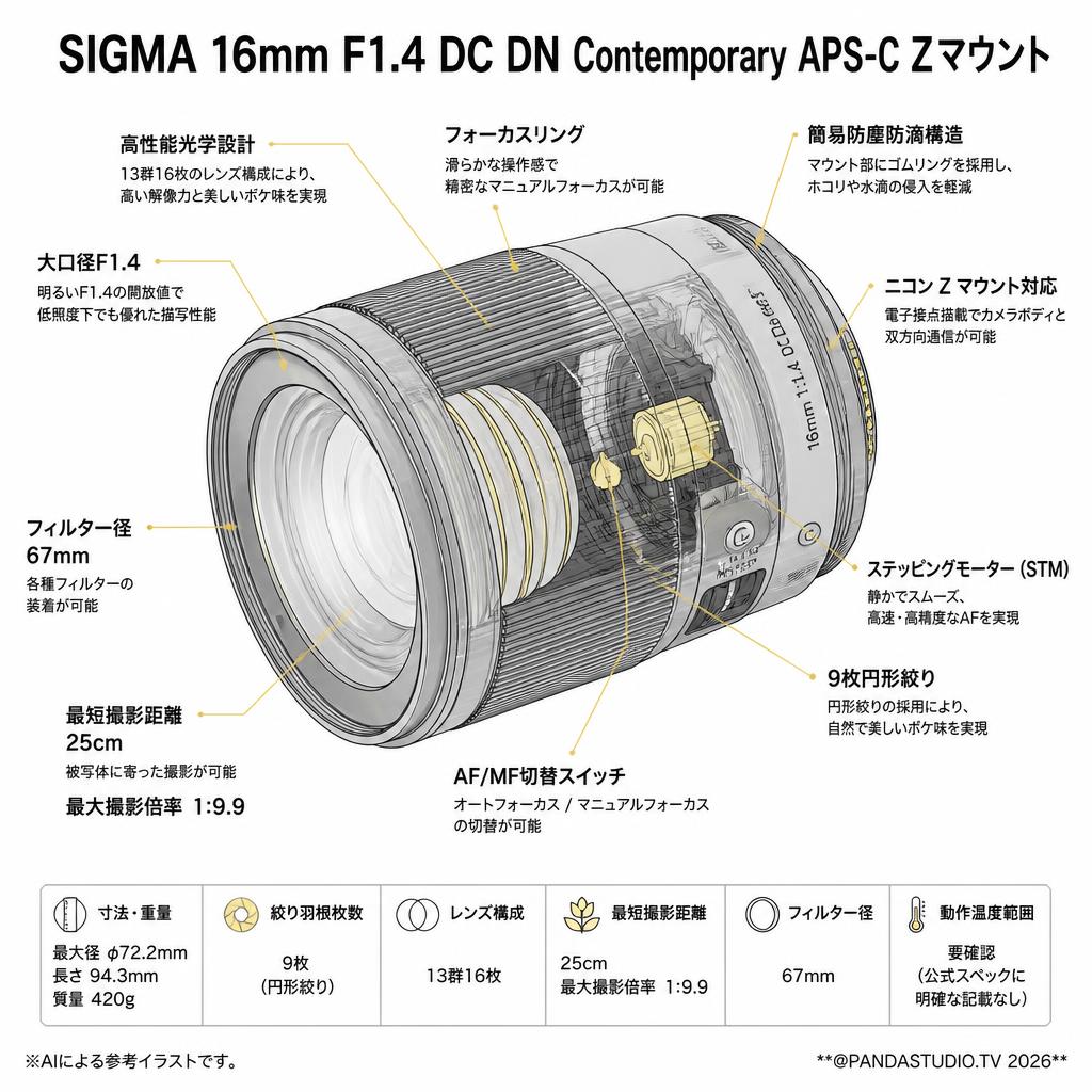 SIGMA 16mm F1.4 DC DN Contemporay APS-C Zマウント スペック