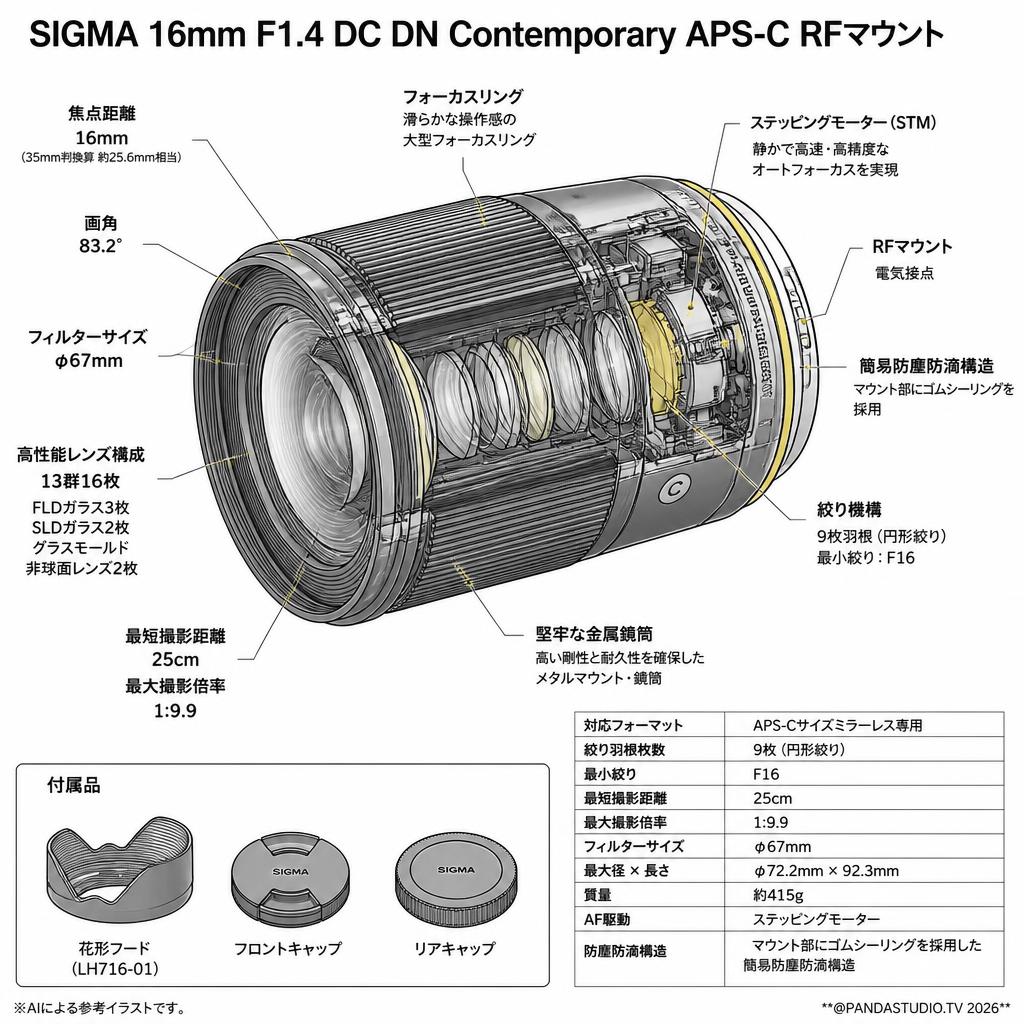 SIGMA 16mm F1.4 DC DN Contemporay APS-C RFマウント スペック