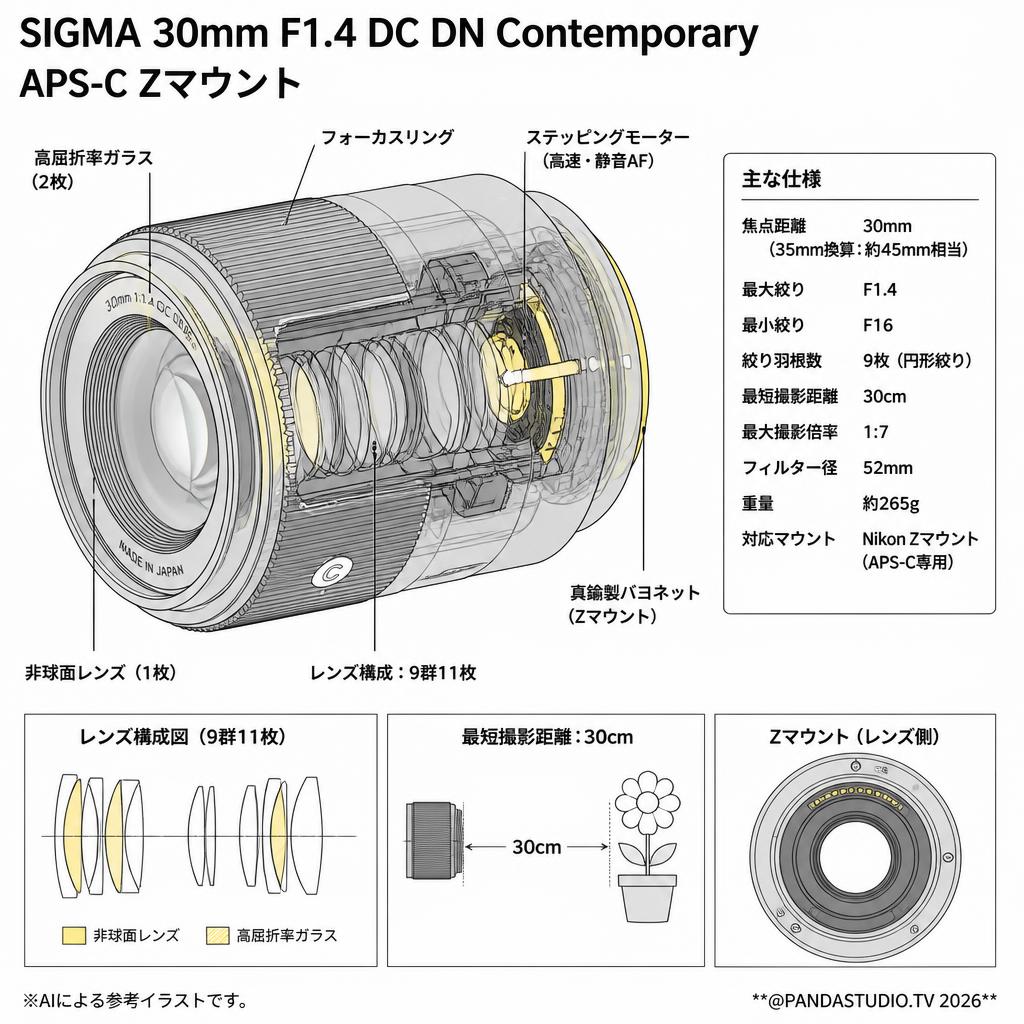 SIGMA 30mm F1.4 DC DN Contemporary APS-C Zマウント スペック