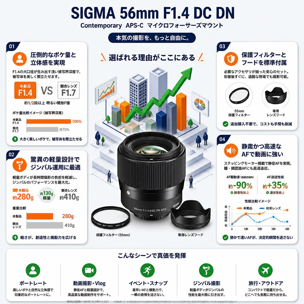 SIGMA 56mm F1.4 DC DN Contemporary APS-C マイクロフォーサーズマウント セールスポイント