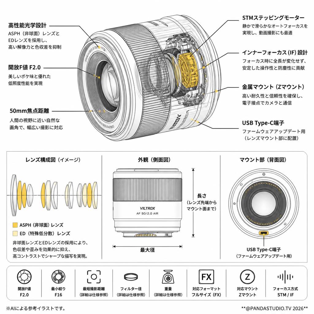 Viltrox AF 50mm F2.0 AIR STM ASPH ED IF Zマウント レンズ スペック