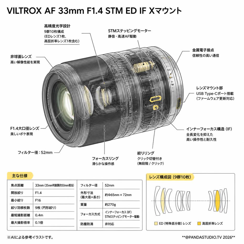 Viltrox AF 33mm F1.4 STM ED IF Xマウント スペック